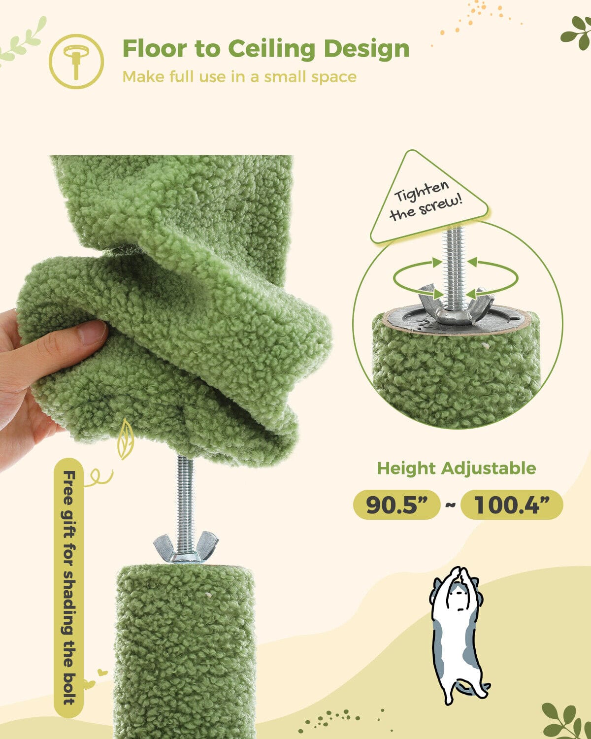 Compact Ceiling-Height Cat Tree – Tall Scratching Tower with Cozy Beds and Play Areas