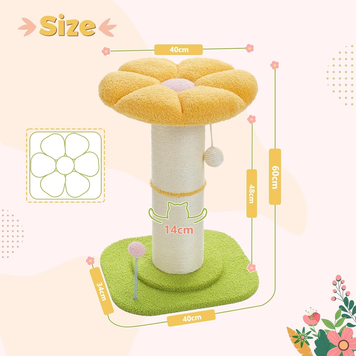 Pezzo Cat Scratching Post with Plush Flower Design and Interactive Toys â 60cm Tall