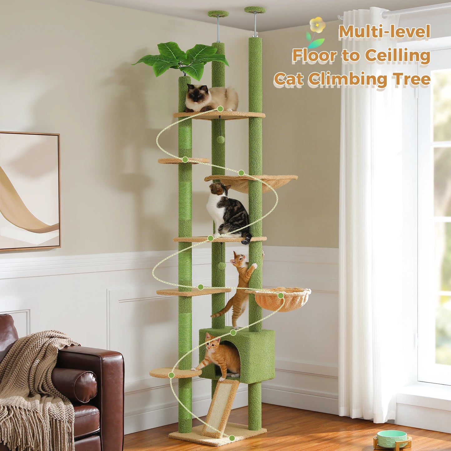 Compact Ceiling-Height Cat Tree – Tall Scratching Tower with Cozy Beds and Play Areas