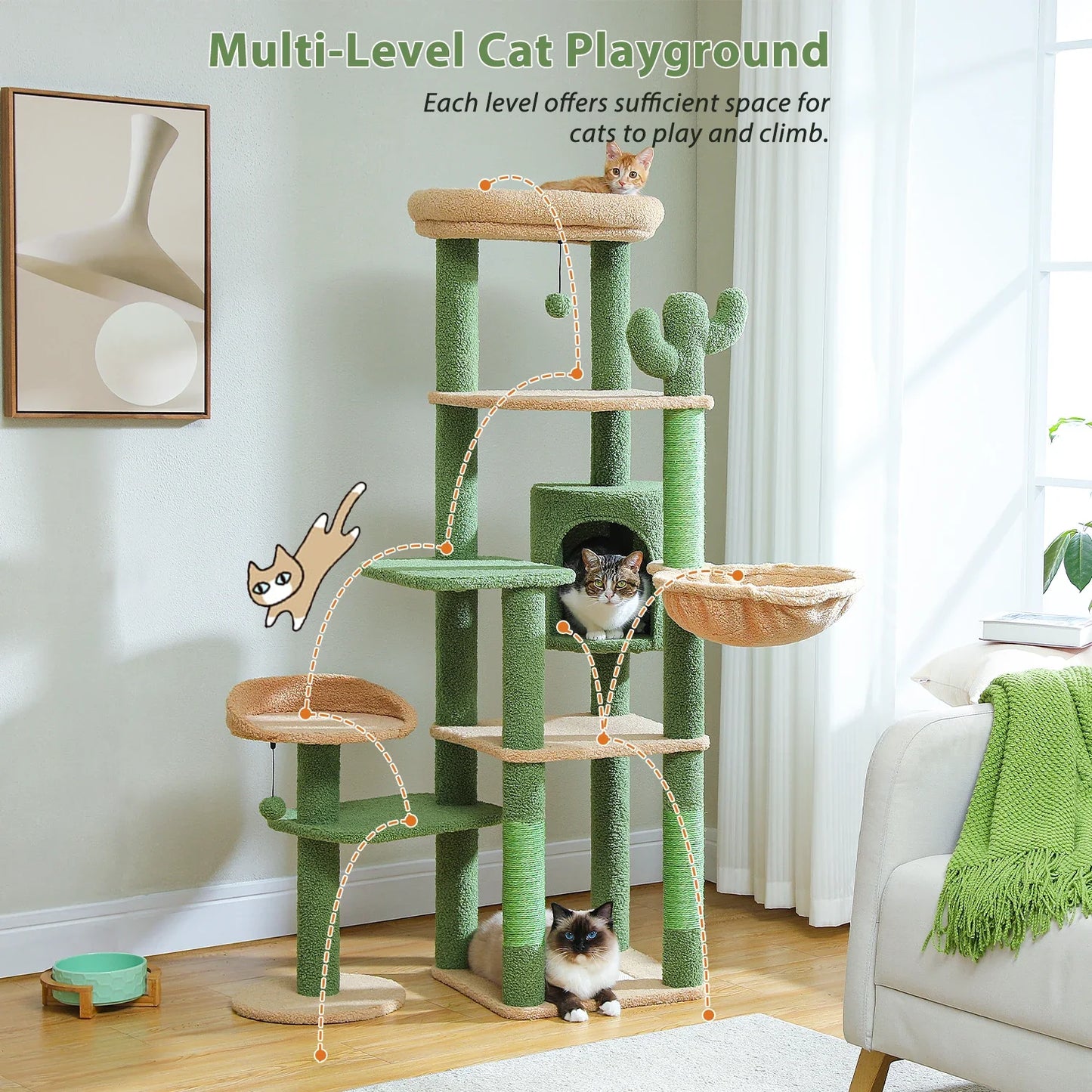 150cm Cat Tree – Cactus Design with Hammock and Condo for Playful Cats