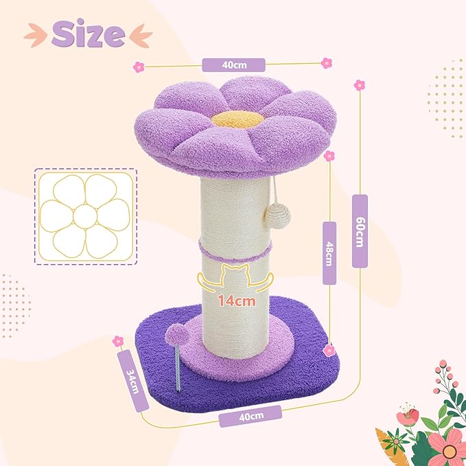 Pezzo Cat Scratching Post with Plush Flower Design and Interactive Toys – 60cm Tall