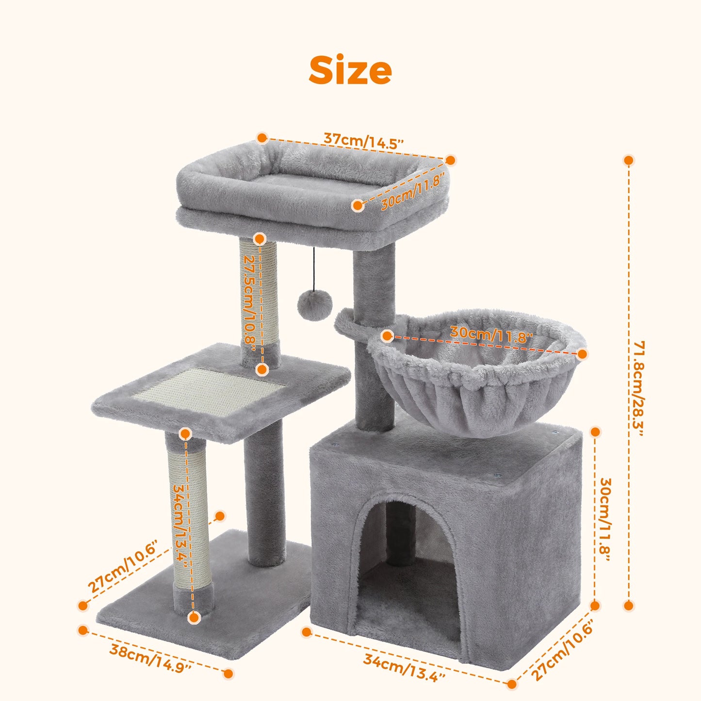 Cat Tree with Hammock & Scratch Posts - Adjustable Design