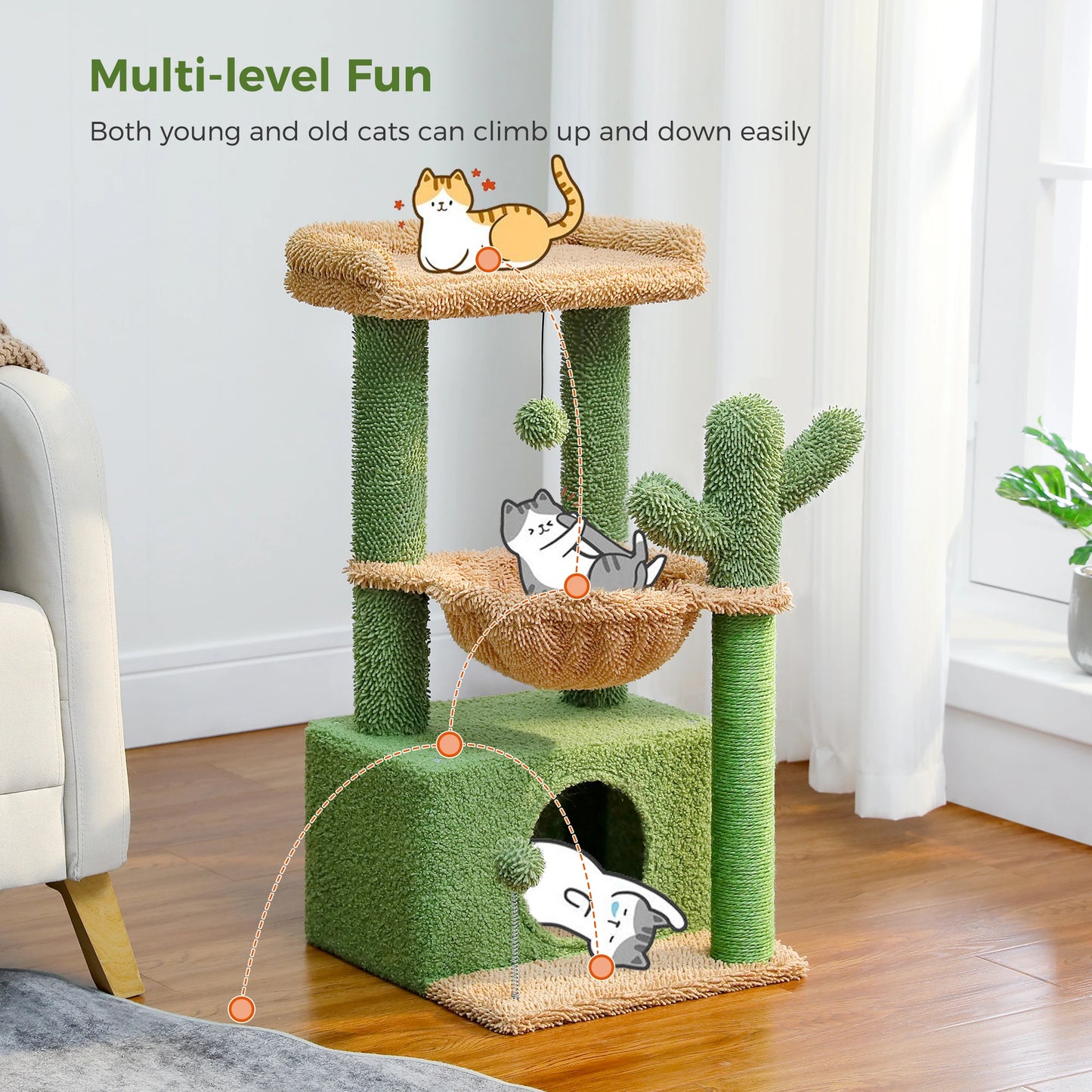 Cactus Cat Tree with Hammock & Scratching Posts – 83cm Tall