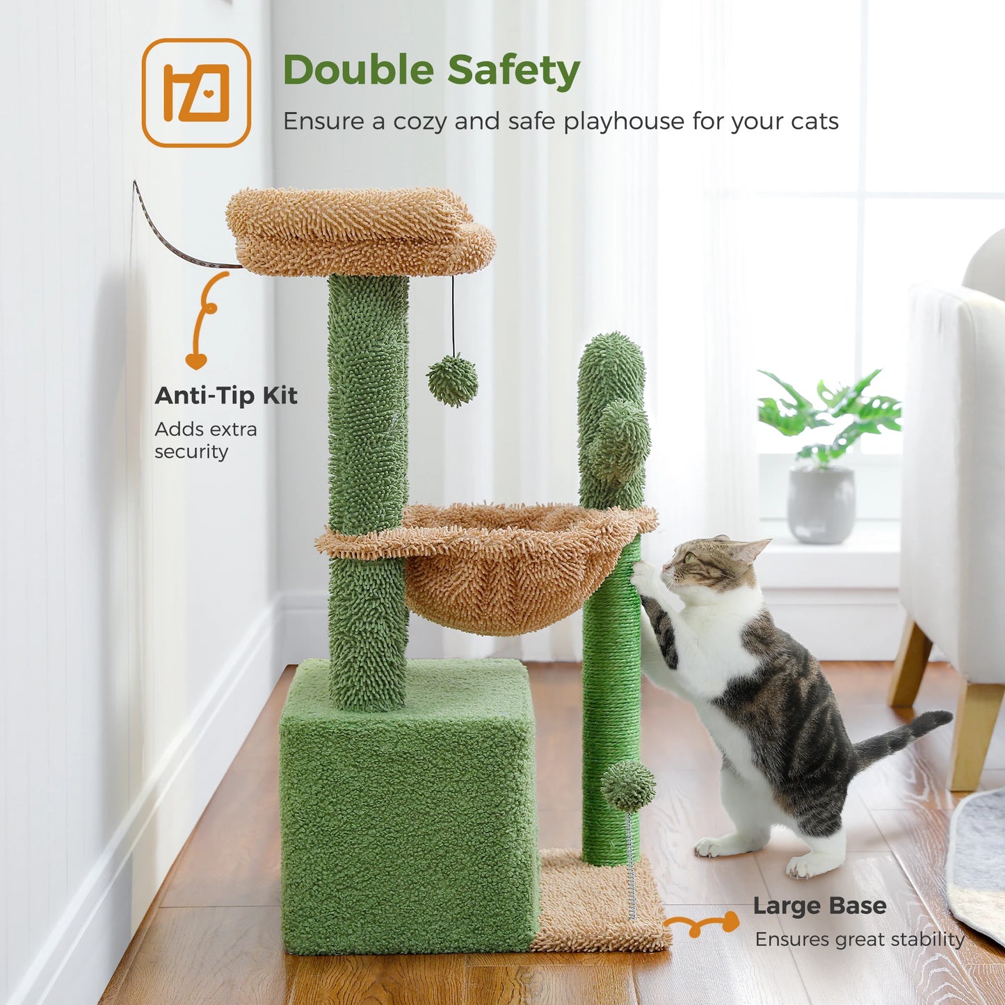 Cactus Cat Tree with Hammock & Scratching Posts – 83cm Tall